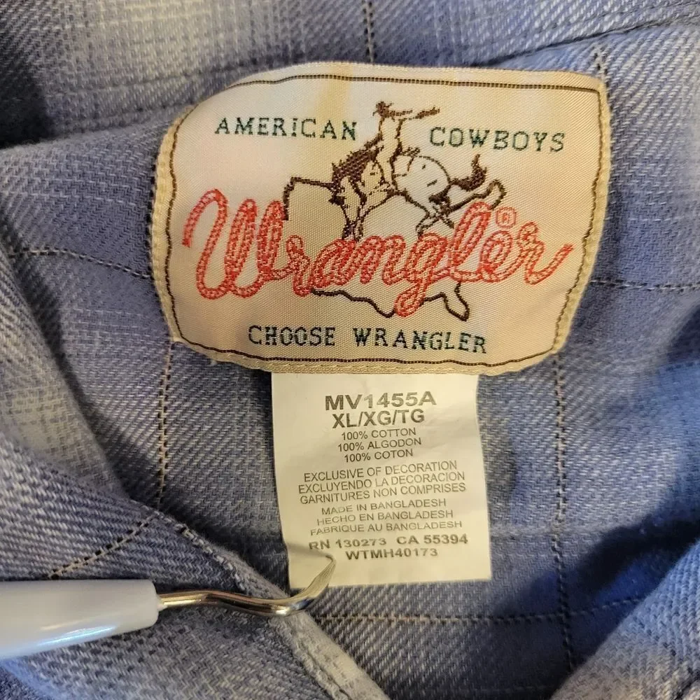 Wrangler Blue White Plaid Flannel Long Sleeve Western Pearl Snap Shirt Men's XL